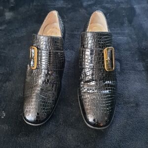 Womens Delman Ransohoffs Black Crocodile Embossed Loafers with Gold Accent